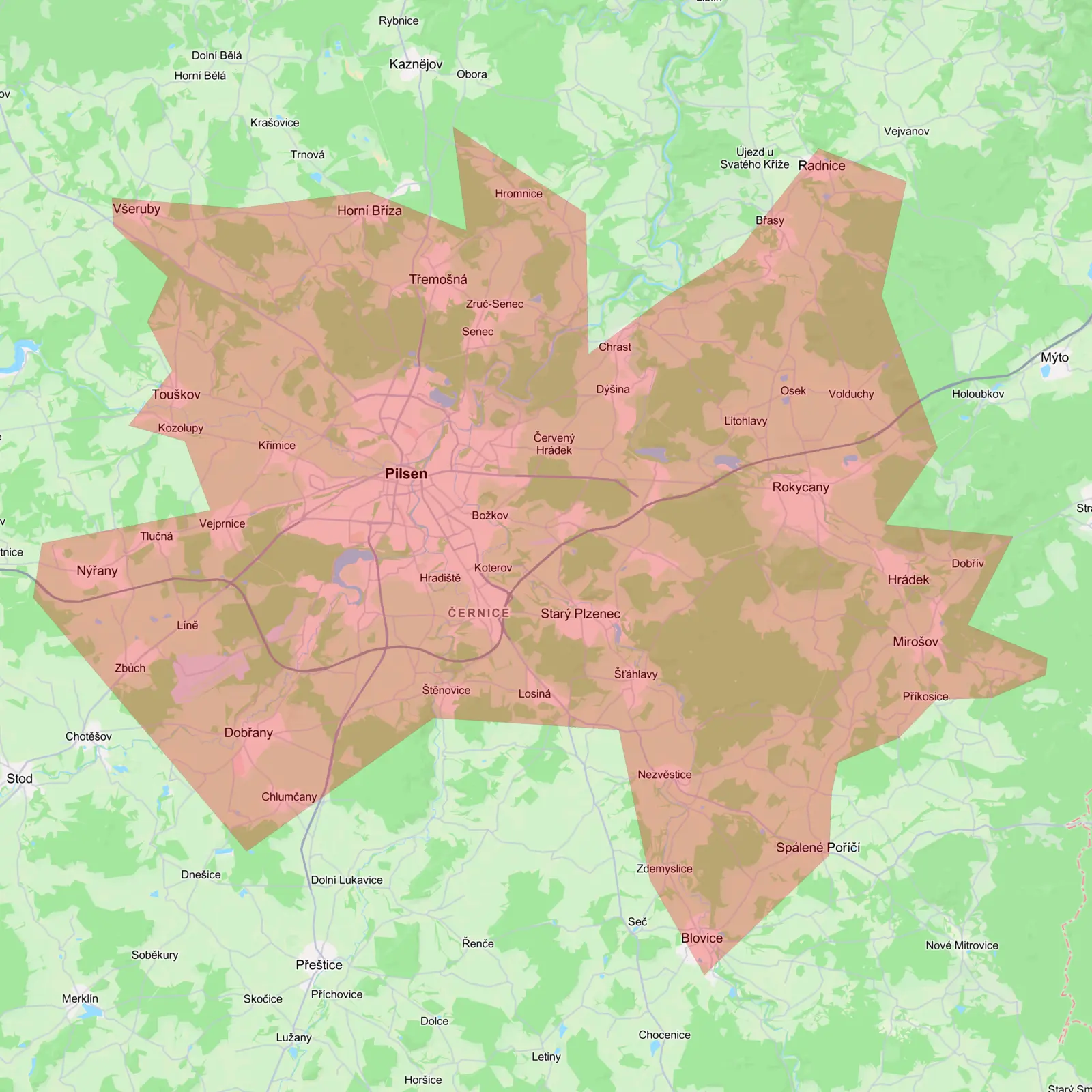 Mapa rozvozové zóny Lucky krabičky v Plzni a okolí